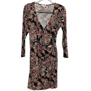 Jude Connally Diane Faux Wrap Dress Long Sleeve V Neck Black Paisley Size - M